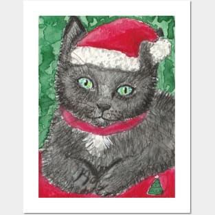 Cute kitten in Santa hat Christmas art Posters and Art